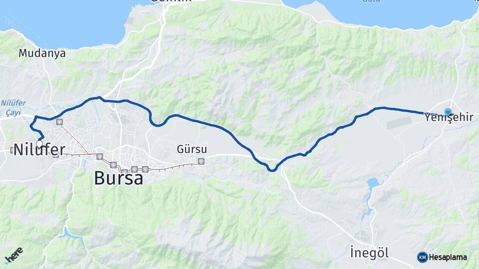 Bursa Yenişehir Nilüfer Arası Kaç Km - Yol Haritası