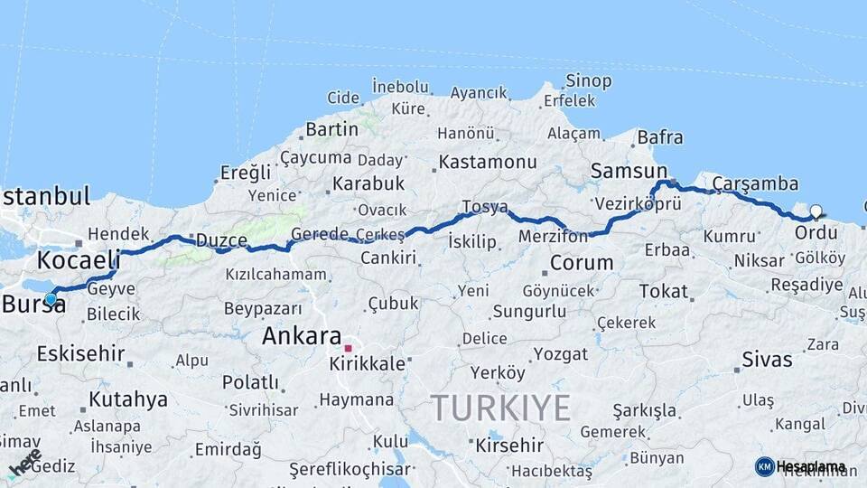 Bursa Yenişehir Ordu Arası Kaç Km - Yol Haritası