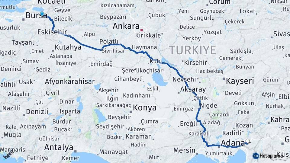 Bursa Yenişehir Osmaniye Arası Kaç Km - Yol Haritası