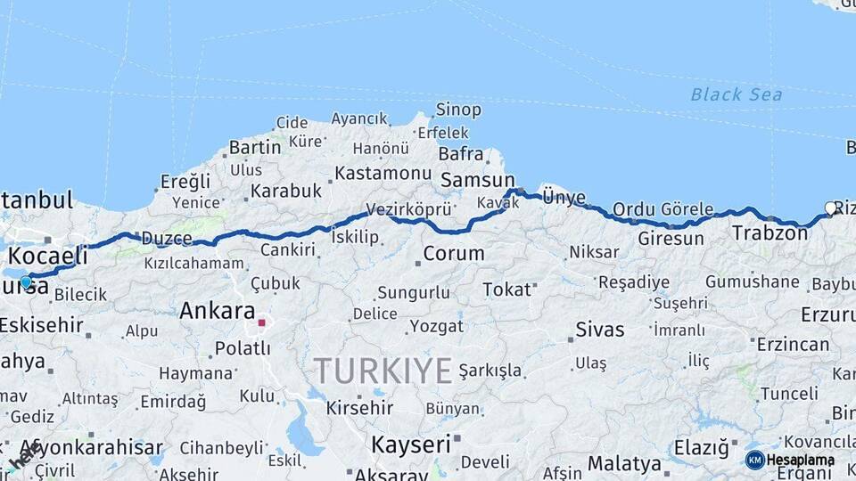 Bursa Yenişehir Rize Arası Kaç Km - Yol Haritası