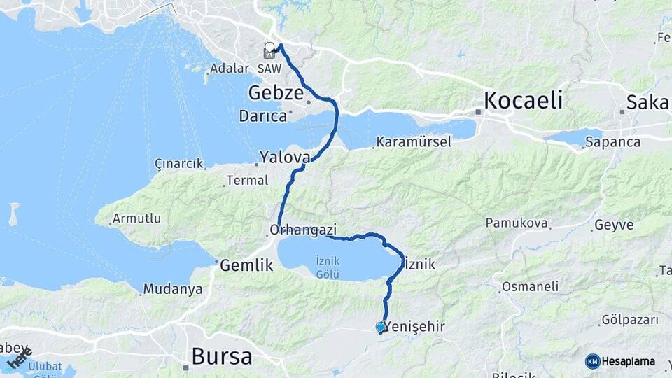 Bursa Yenişehir Sabiha Gökçen Havalimanı Arası Kaç Km - Yol Haritası