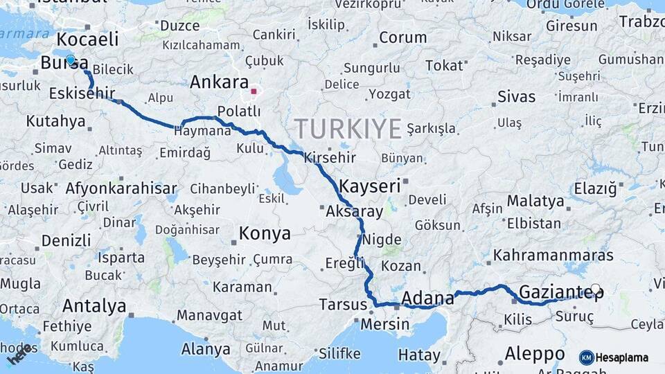 Bursa Yenişehir Şanlıurfa Arası Kaç Km - Yol Haritası