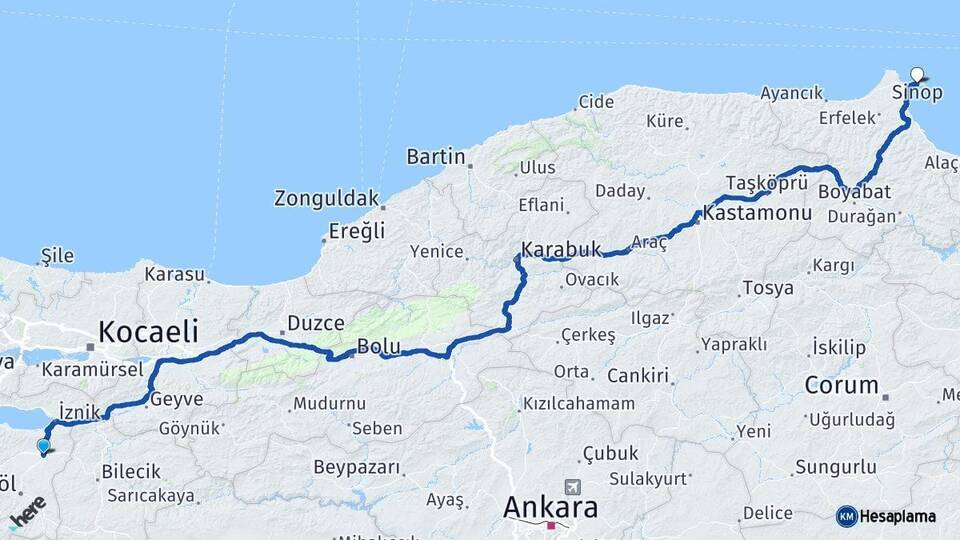 Bursa Yenişehir Sinop Arası Kaç Km - Yol Haritası