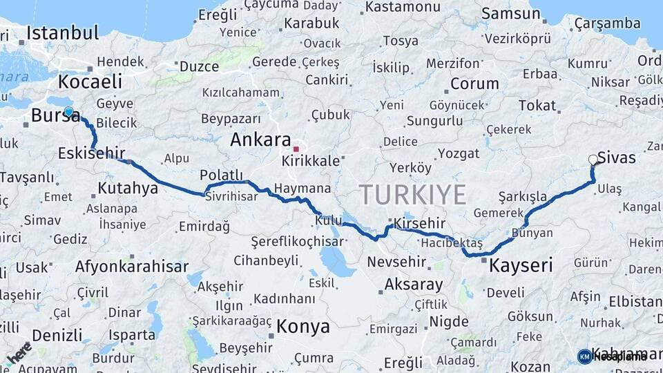 Bursa Yenişehir Sivas Arası Kaç Km - Yol Haritası