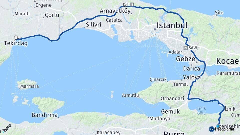 Bursa Yenişehir Tekirdağ Arası Kaç Km - Yol Haritası