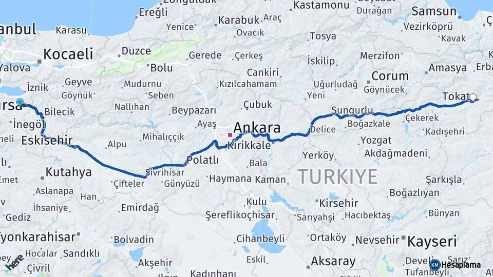 Bursa Yenişehir Tokat Arası Kaç Km - Yol Haritası