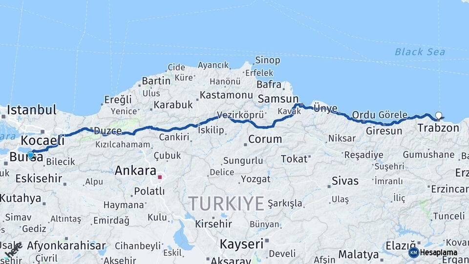 Bursa Yenişehir Trabzon Arası Kaç Km - Yol Haritası