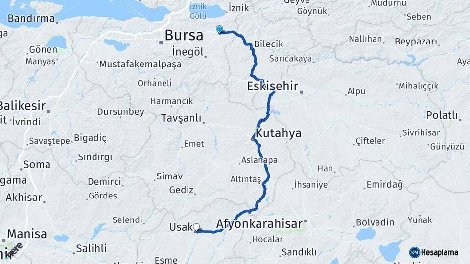 Bursa Yenişehir Uşak Arası Kaç Km - Yol Haritası