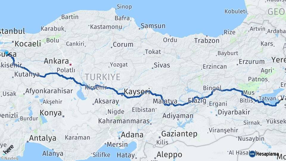Bursa Yenişehir Van Arası Kaç Km - Yol Haritası