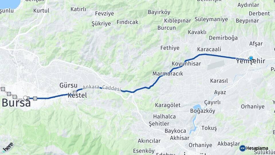 Bursa Yenişehir Yıldırım Arası Kaç Km - Yol Haritası