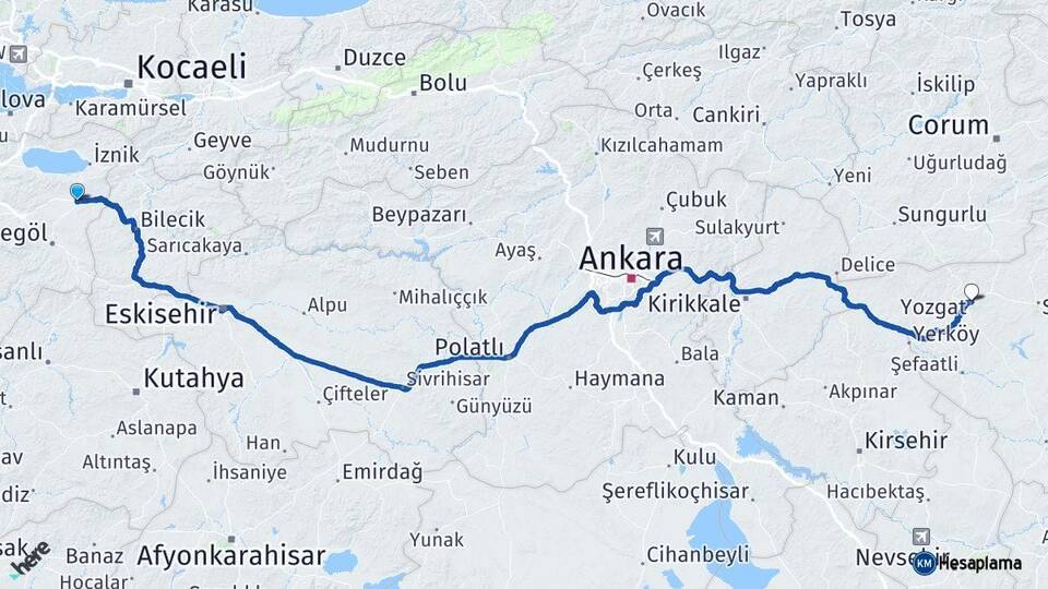 Bursa Yenişehir Yozgat Arası Kaç Km - Yol Haritası