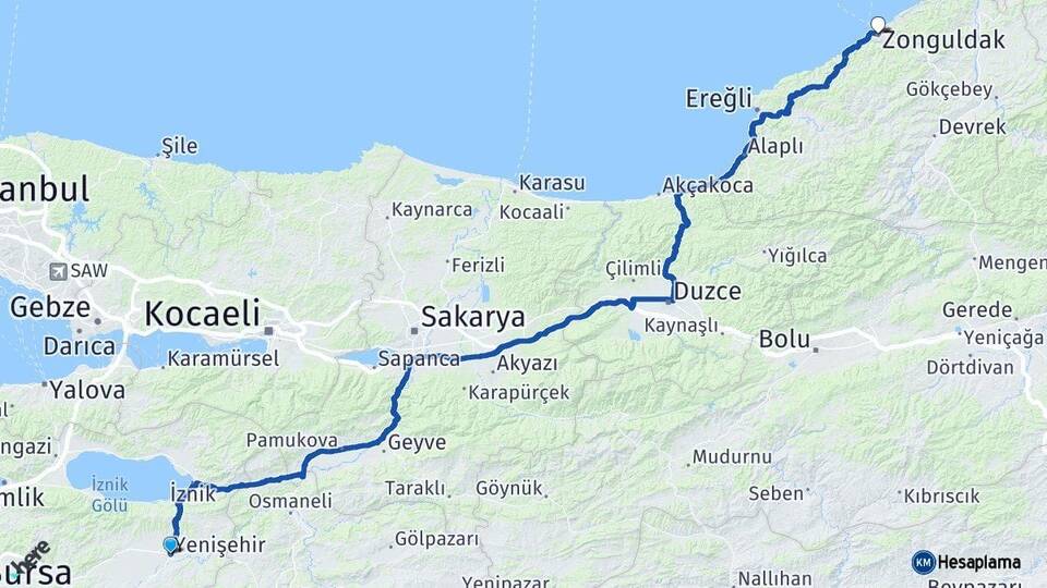 Bursa Yenişehir Zonguldak Arası Kaç Km - Yol Haritası