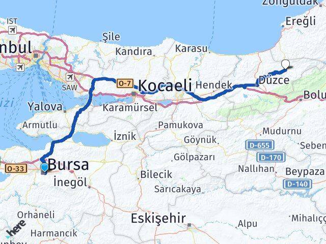 Bursa Yığılca Düzce Arası Kaç Km - Yol Haritası