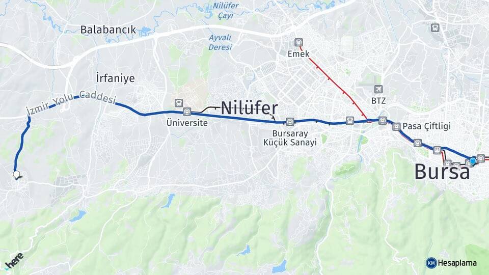 Bursa Yıldırım Akçalar Nilüfer Arası Kaç Km - Yol Haritası