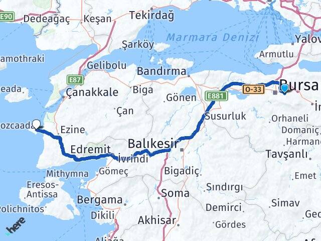 Bursa Yıldırım Cumalıkızık Bozcaada Çanakkale Arası Kaç Km - Yol Haritası