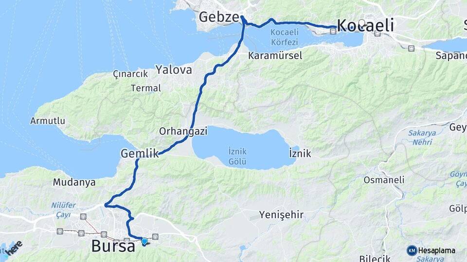 Bursa Yıldırım Cumalıkızık İzmit Kocaeli Arası Kaç Km - Yol Haritası