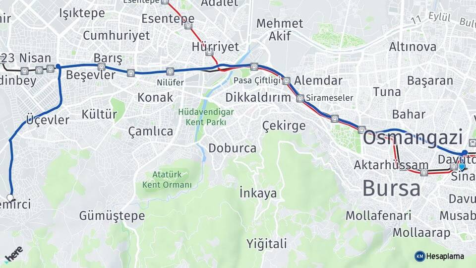 Bursa Yıldırım Demirci Nilüfer Arası Kaç Km - Yol Haritası