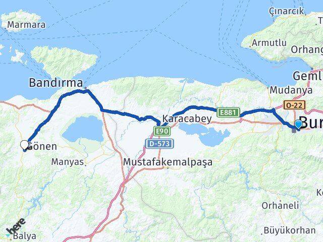 Bursa Yıldırım Gönen Balıkesir Arası Kaç Km - Yol Haritası