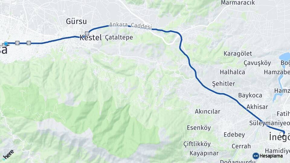 Bursa Yıldırım İnegöl Arası Kaç Km - Yol Haritası