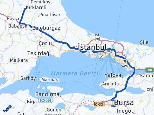 Bursa Yıldırım Kırklareli Arası Kaç Km - Yol Haritası