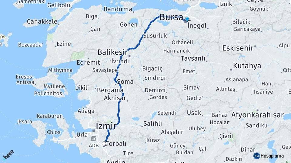 Bursa Yıldırım Torbalı İzmir Arası Kaç Km - Yol Haritası