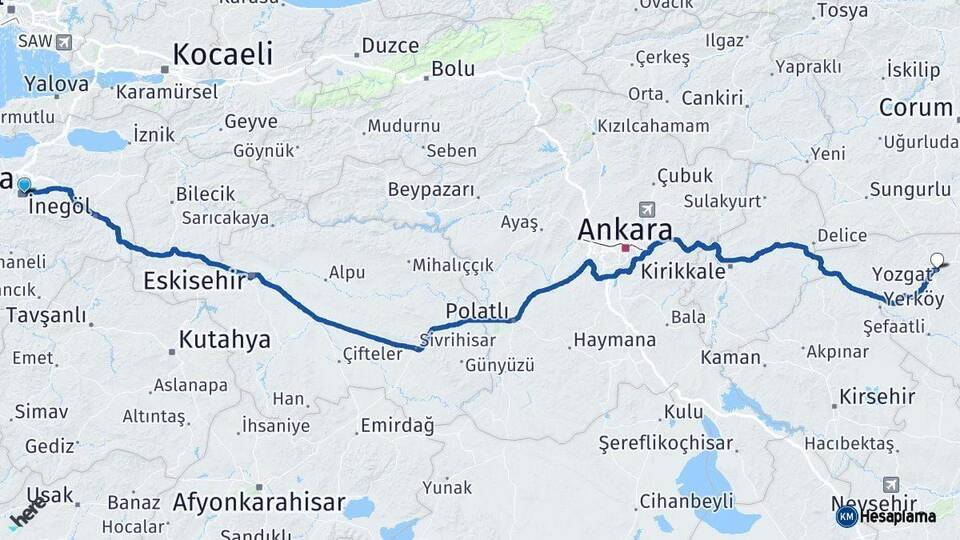 Bursa Yozgat Arası Kaç Km - Yol Haritası