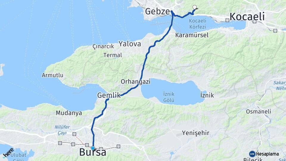 Bursa Yukarı Hereke Körfez Kocaeli Arası Kaç Km - Yol Haritası