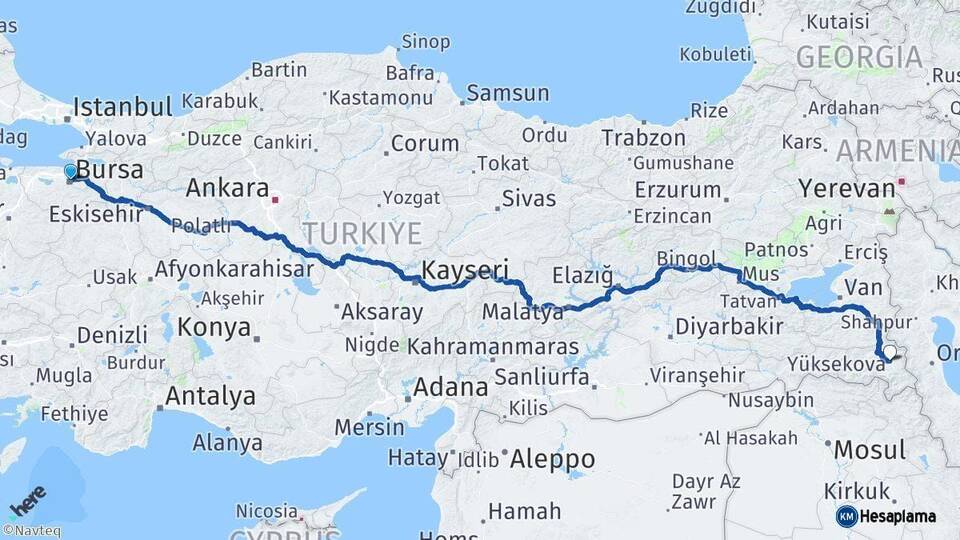 Bursa Yüksekova Hakkari Arası Kaç Km - Yol Haritası
