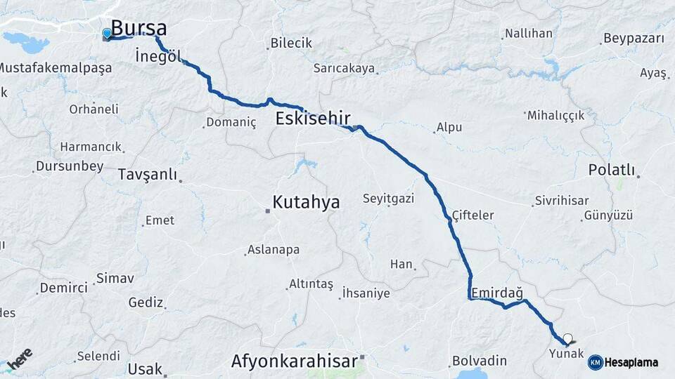 Bursa Yunak Konya Arası Kaç Km - Yol Haritası
