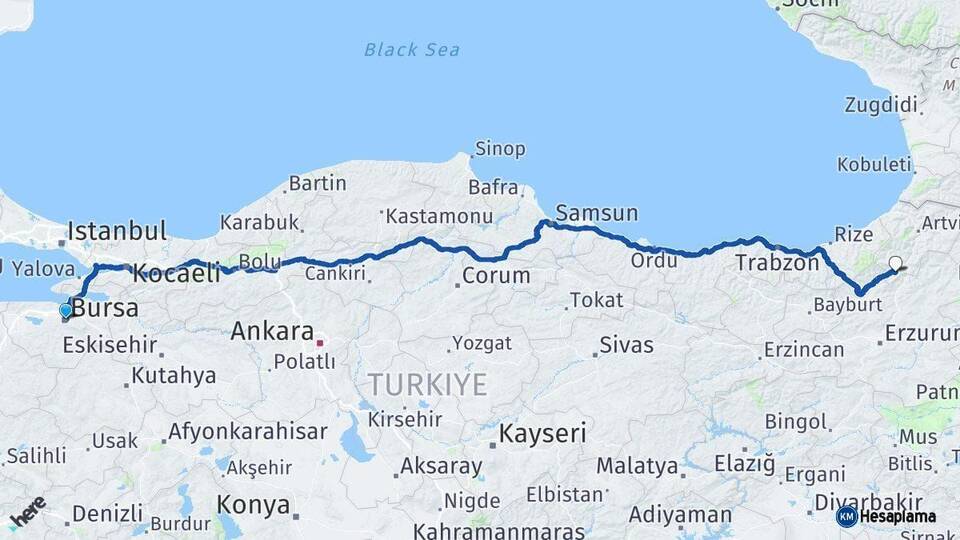 Bursa Yusufeli Artvin Arası Kaç Km - Yol Haritası