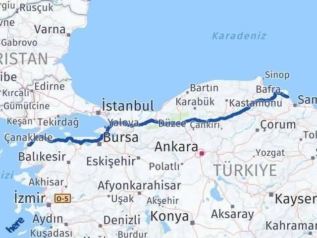 Çanakkale 19 Mayıs Samsun Arası Kaç Km - Yol Haritası