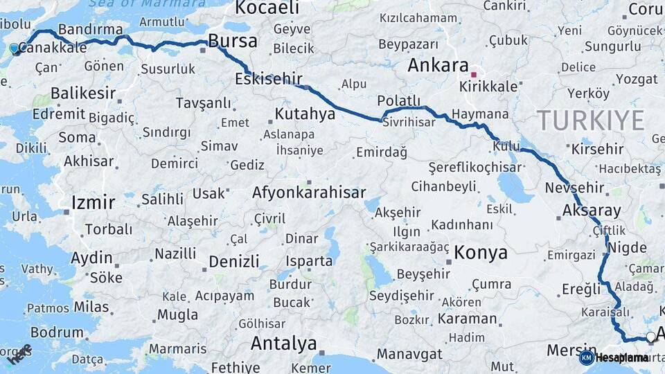 Çanakkale Adana Arası Kaç Km - Yol Haritası