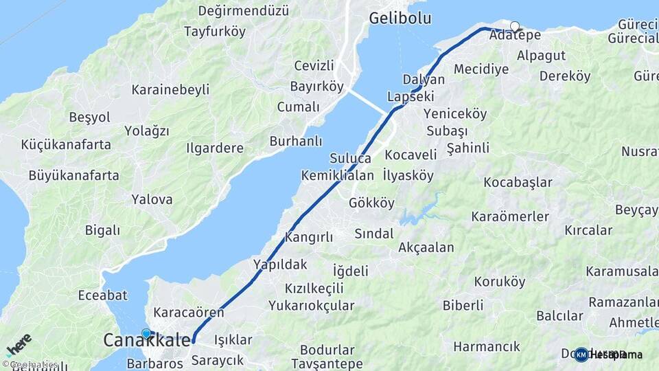 Çanakkale Adatepe Lapseki Arası Kaç Km - Yol Haritası
