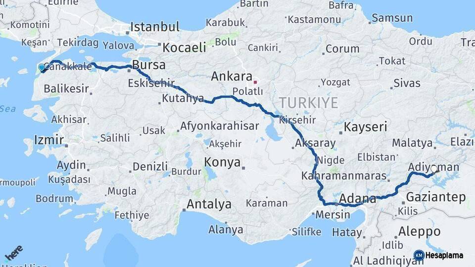 Çanakkale Adıyaman Arası Kaç Km - Yol Haritası