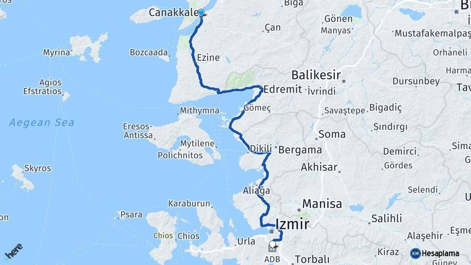 Çanakkale Adnan Menderes Havalimanı Arası Kaç Km - Yol Haritası