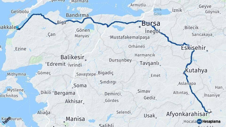 Çanakkale Afyonkarahisar Arası Kaç Km - Yol Haritası