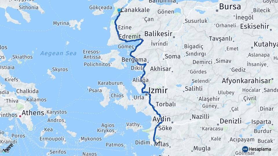 Çanakkale Akbük Didim Aydın Arası Kaç Km - Yol Haritası
