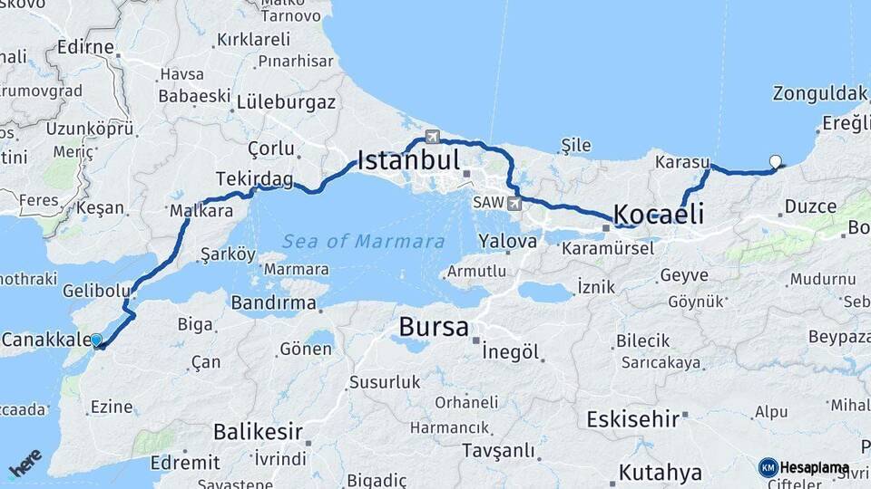 Çanakkale Akçakoca Düzce Arası Kaç Km - Yol Haritası