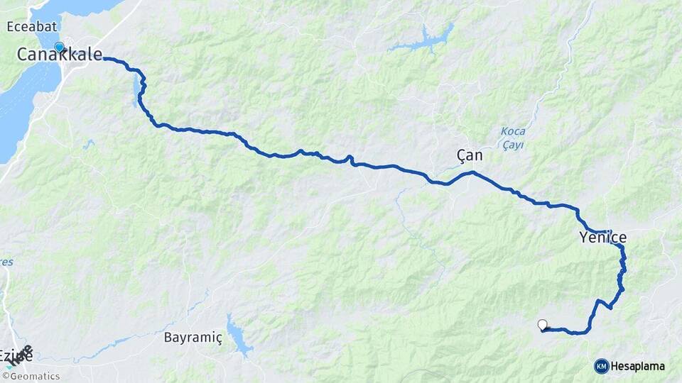 Çanakkale Akçakoyun Yenice Arası Kaç Km - Yol Haritası