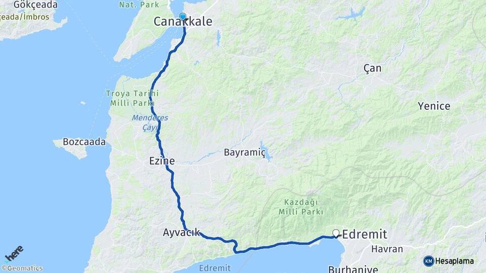 Çanakkale Akçay Edremit Balıkesir Arası Kaç Km - Yol Haritası