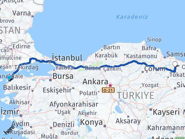 Çanakkale Akkuş Ordu Arası Kaç Km - Yol Haritası