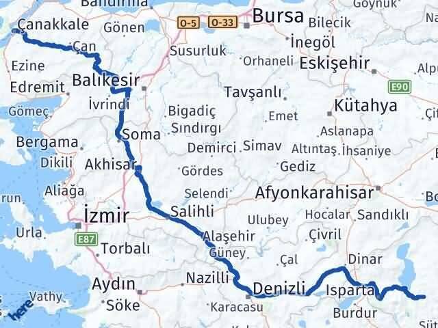 Çanakkale Aksu Isparta Arası Kaç Km - Yol Haritası
