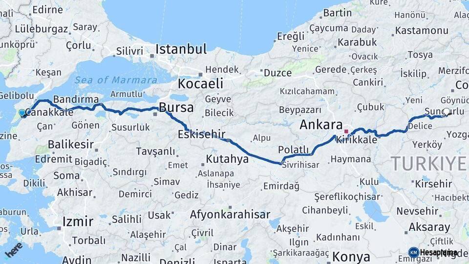 Çanakkale Alaca Çorum Arası Kaç Km - Yol Haritası
