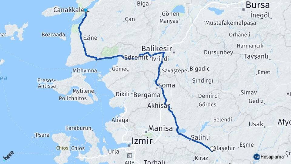 Çanakkale Alaşehir Manisa Arası Kaç Km - Yol Haritası