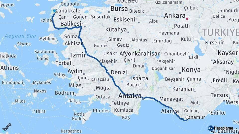 Çanakkale Anamur Mersin Arası Kaç Km - Yol Haritası