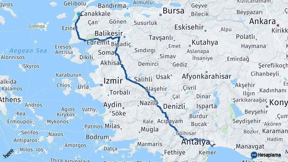 Çanakkale Antalya Arası Kaç Km - Yol Haritası