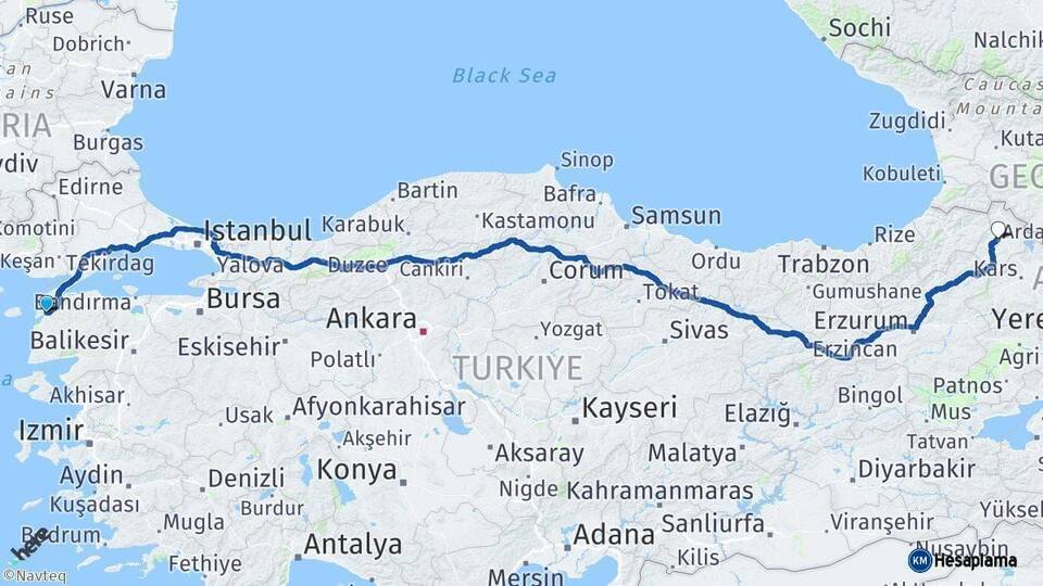 Çanakkale Ardahan Arası Kaç Km - Yol Haritası