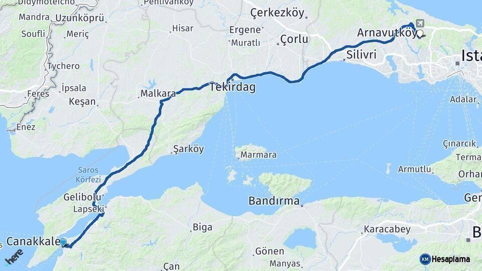 Çanakkale Arnavutköy İstanbul Arası Kaç Km - Yol Haritası