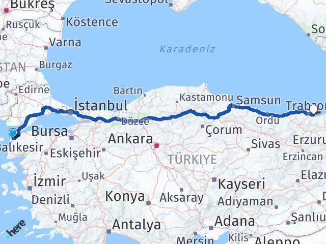 Çanakkale Arsin Trabzon Arası Kaç Km - Yol Haritası