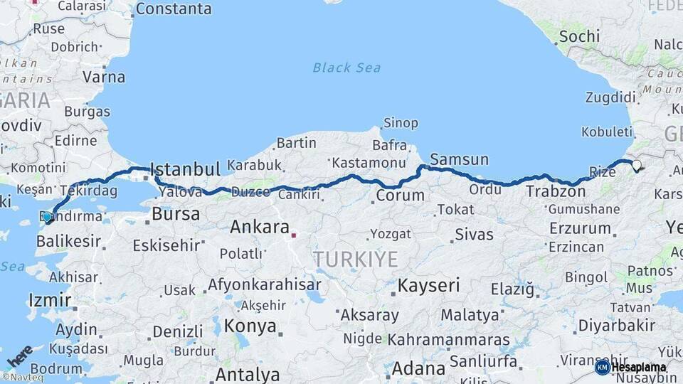 Çanakkale Artvin Arası Kaç Km - Yol Haritası